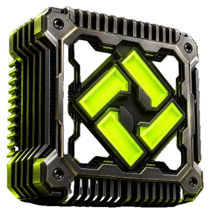 The MESHCORE module, a ribbed metal heatsink with a glowing lime diamond core
