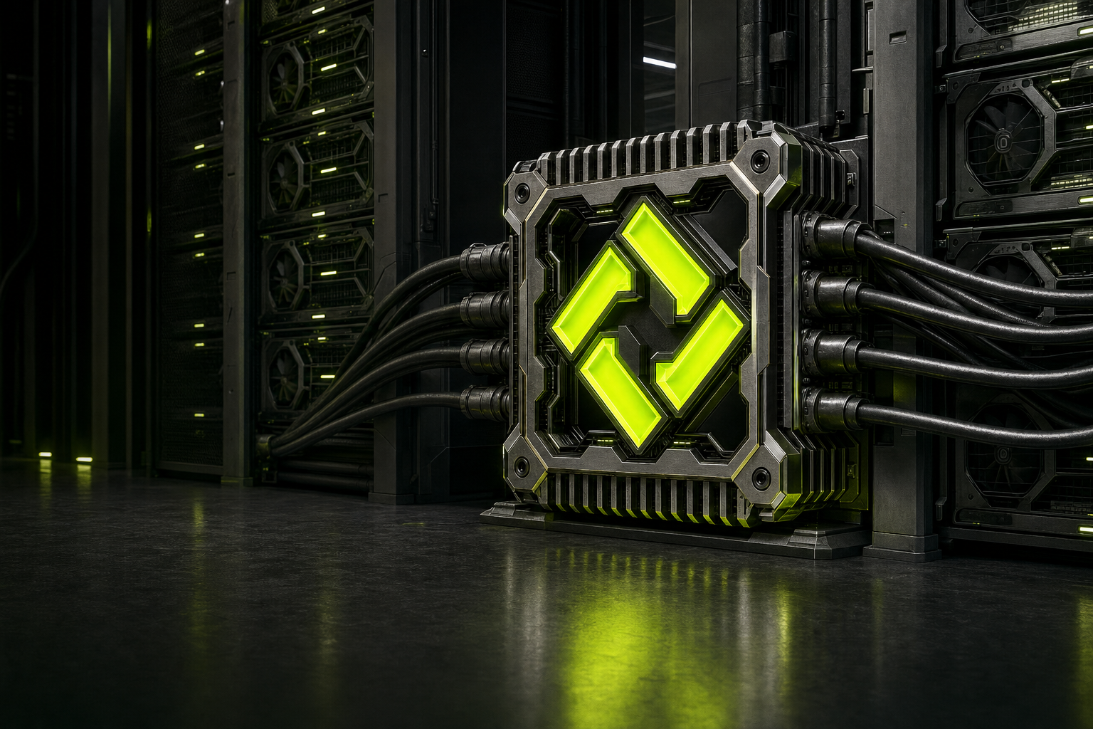 The MESHCORE module glowing lime, cabled into a row of GPU server racks